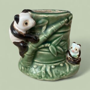Vintage Majolica Panda Planter Vase: Mom & Baby Ceramic Figurine